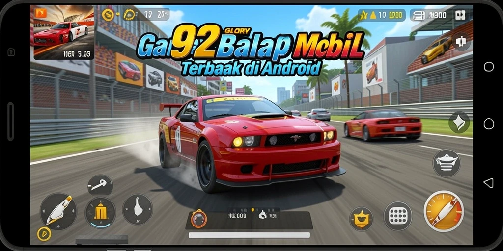 Screenshot gameplay 92GLORY menampilkan aksi balap mendebarkan dengan mobil berkualitas tinggi.