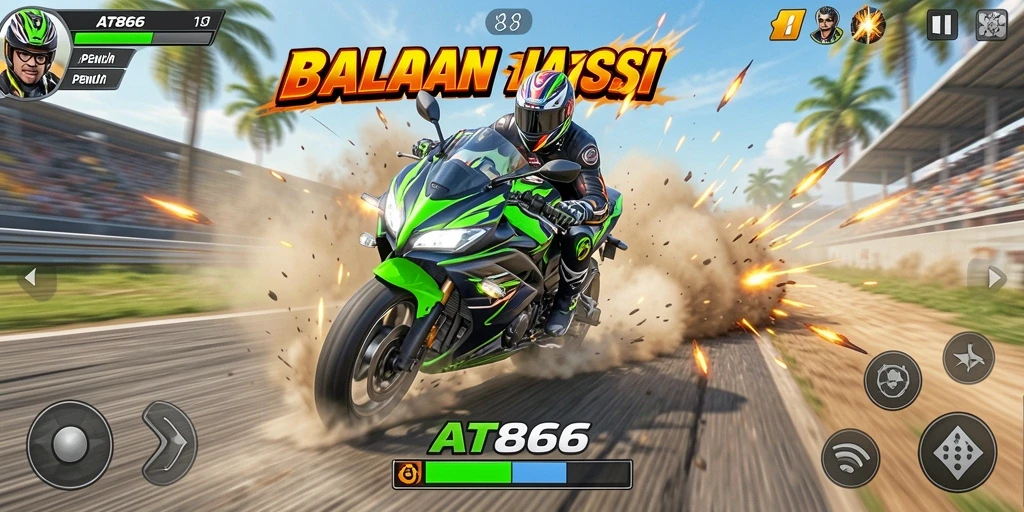 Gameplay mendebarkan di AT866 dengan balapan motor yang intens.