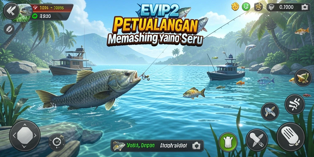 Screenshot gameplay menampilkan keseruan memancing di berbagai lokasi.