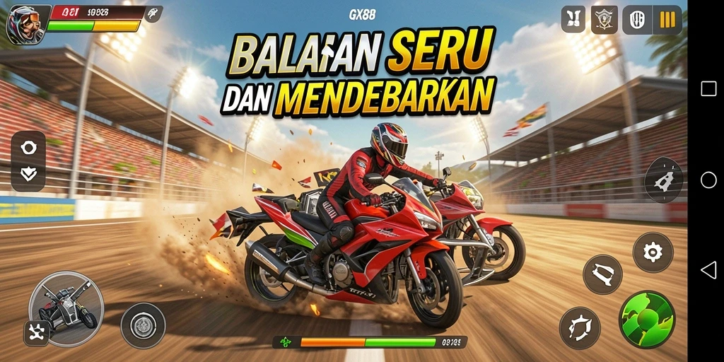 Screenshot utama GX88 menampilkan aksi balapan yang mendebarkan.
