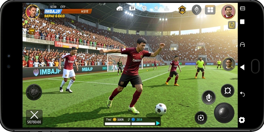 Screenshot menunjukkan aksi pemain di lapangan dalam pertandingan sepak bola yang intens.