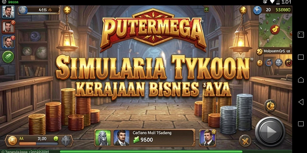 Screenshot utama PUTERMEGA menunjukkan momen persaingan bisnis yang seru.