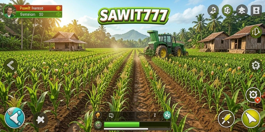 Tampilan gameplay menakjubkan di SAWIT777 yang menggambarkan pertanian sawit.