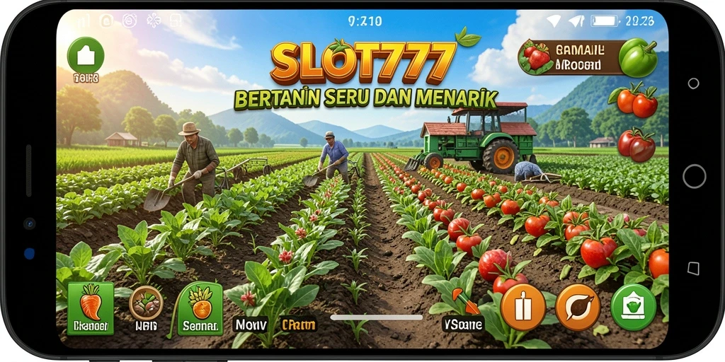 Tangkapan layar utama menunjukkan suasana pertanian yang cerah dan aktivitas bertani di SLOT777.