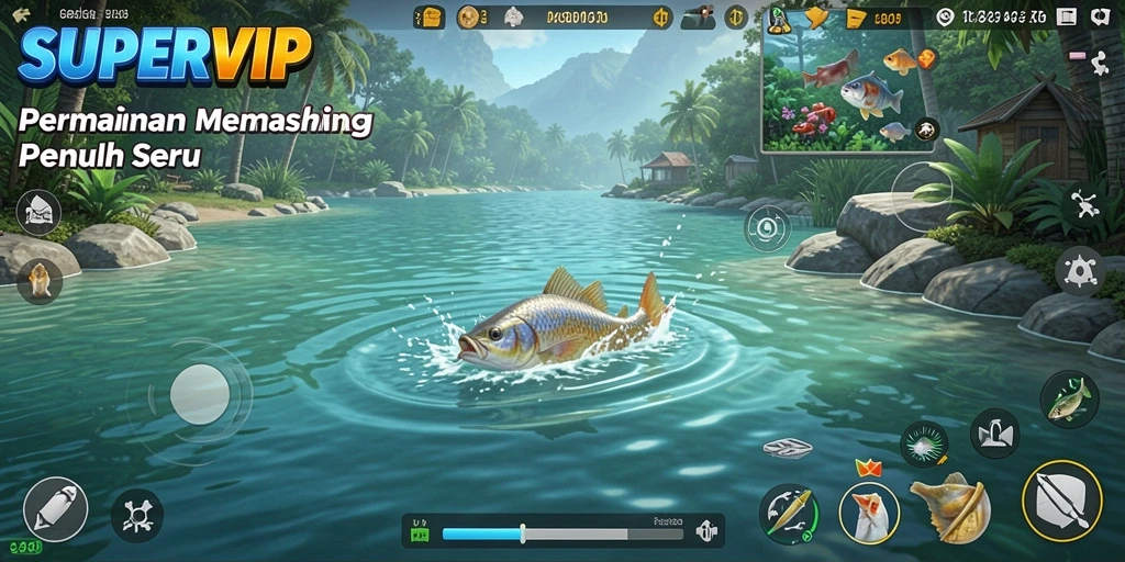 Screenshot gameplay <strong>SUPERVIP</strong> dengan aksi memancing yang seru.