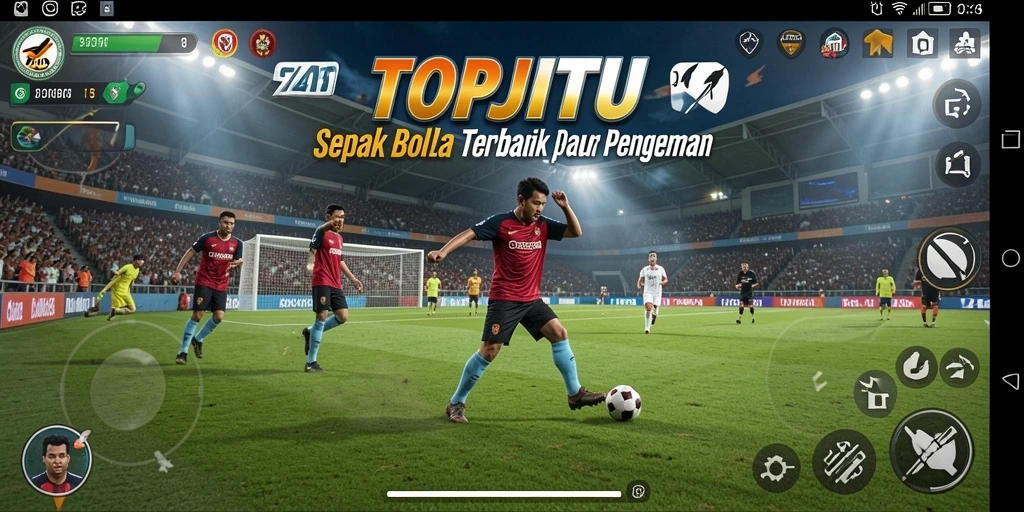 Screenshot menunjukkan gameplay sepak bola yang intens dan dinamis.